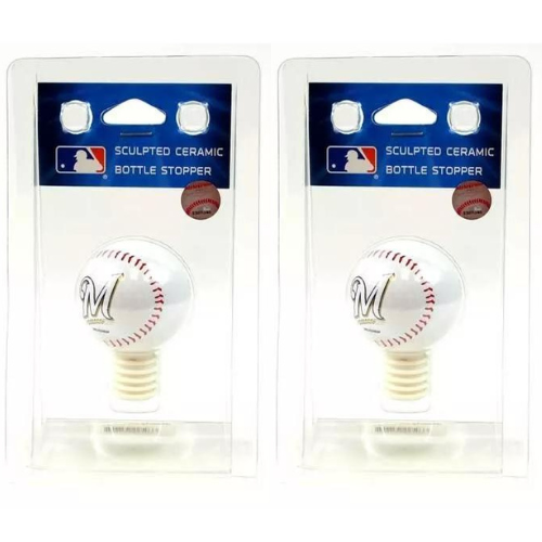 2pk MLB Milwaukee Brewers Baseball Official Sculpted Ceramic Wine Bottle Stopper